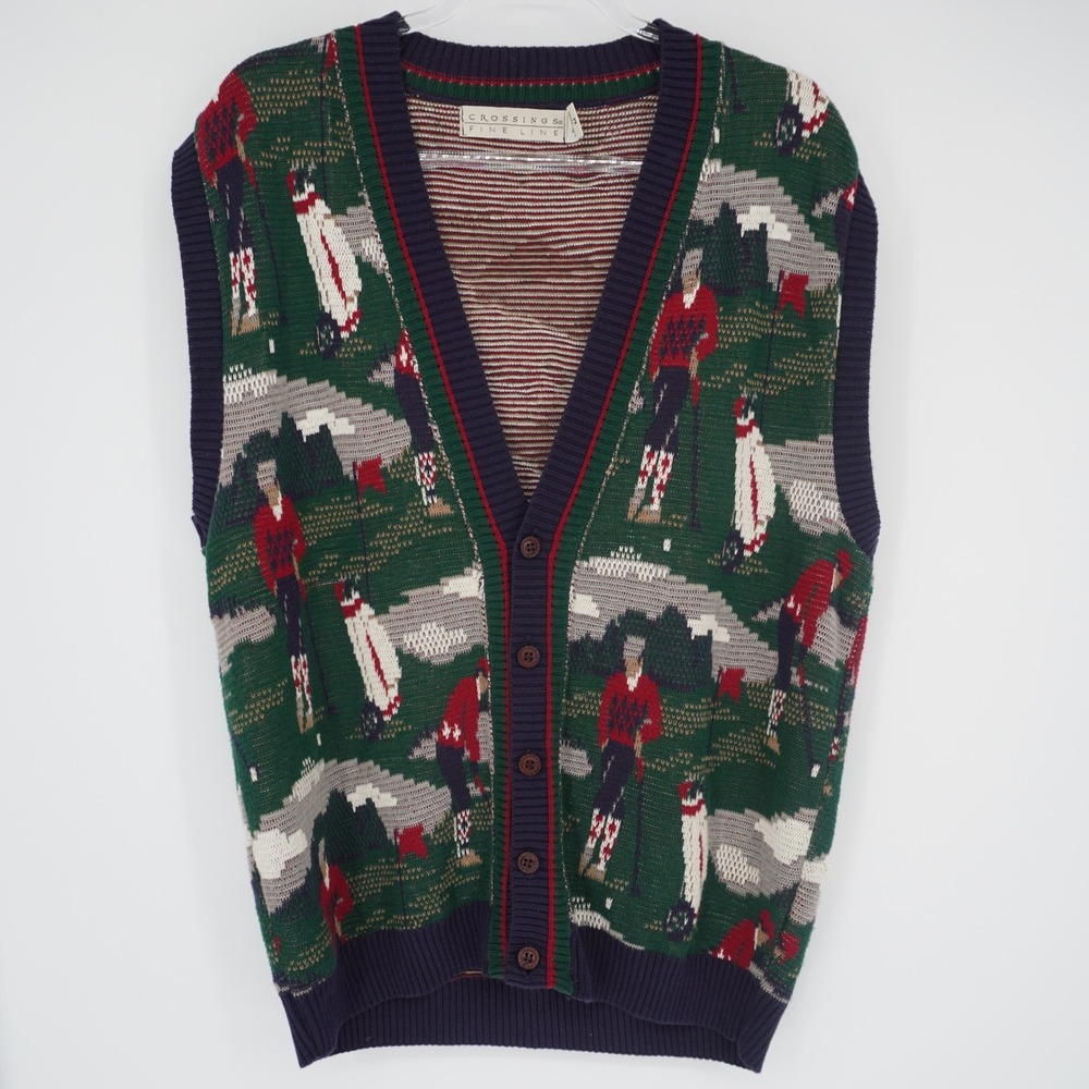 Vintage Crossings Fine Line Mens Golf Sweater Vest Button Front AOP 90s Preppy M